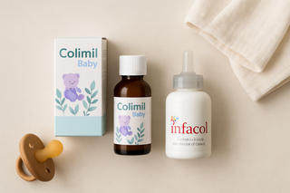 Ilustração para o artigo: Colimil Baby ou Infacol: qual é melhor para as cólicas do bebé?