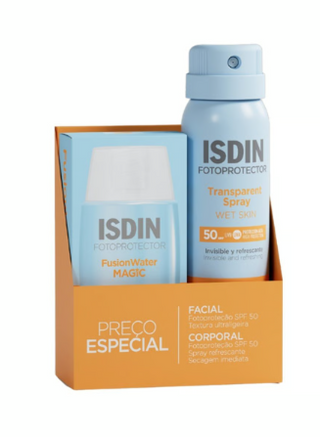 ISDIN Fotoprotetor Fusion Water Magic SPF50 50 mL + ISDIN Fotoprotector Transparent Spray Wet Skin SPF50 100 mL