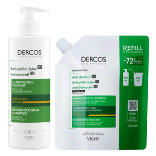 Vichy Dercos Pack DS Champú 390 ml + Recambio 500 ml – Anticaspa para Piel Seca 