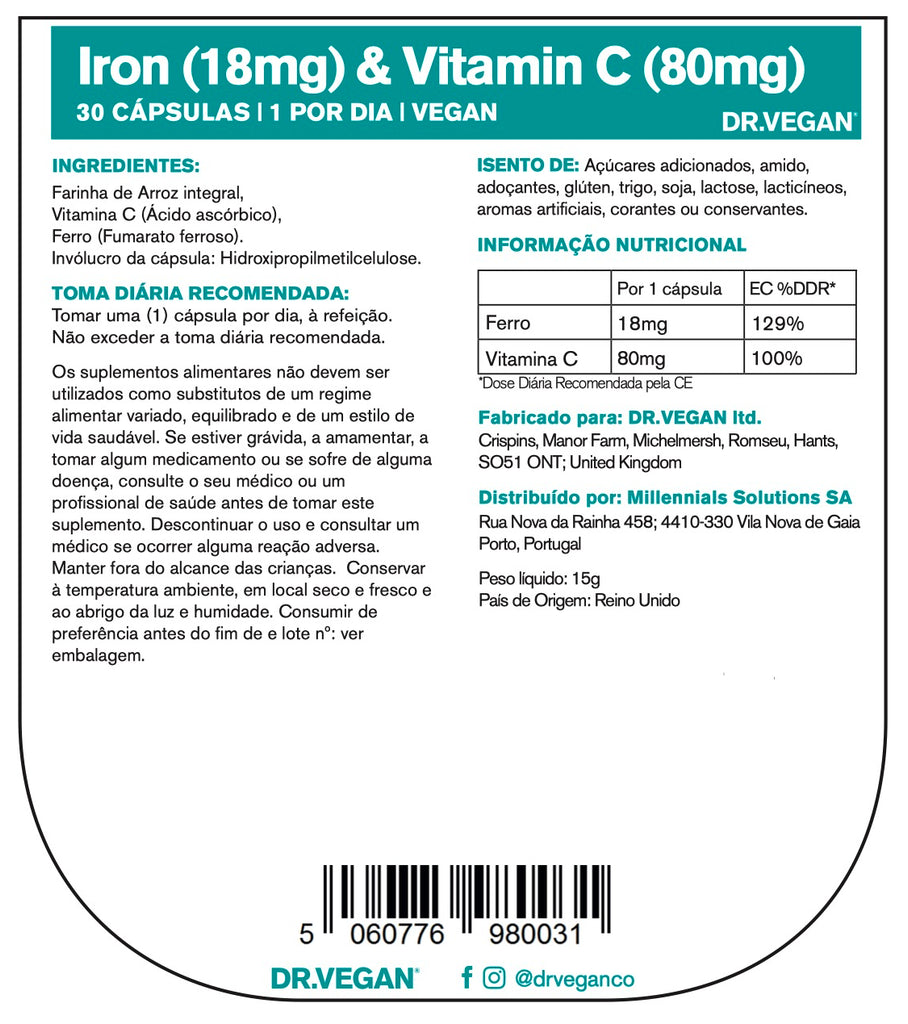 DR.VEGAN® Gentle Iron & Vitamin C - Energia e Vitalidade x 30 cápsulas