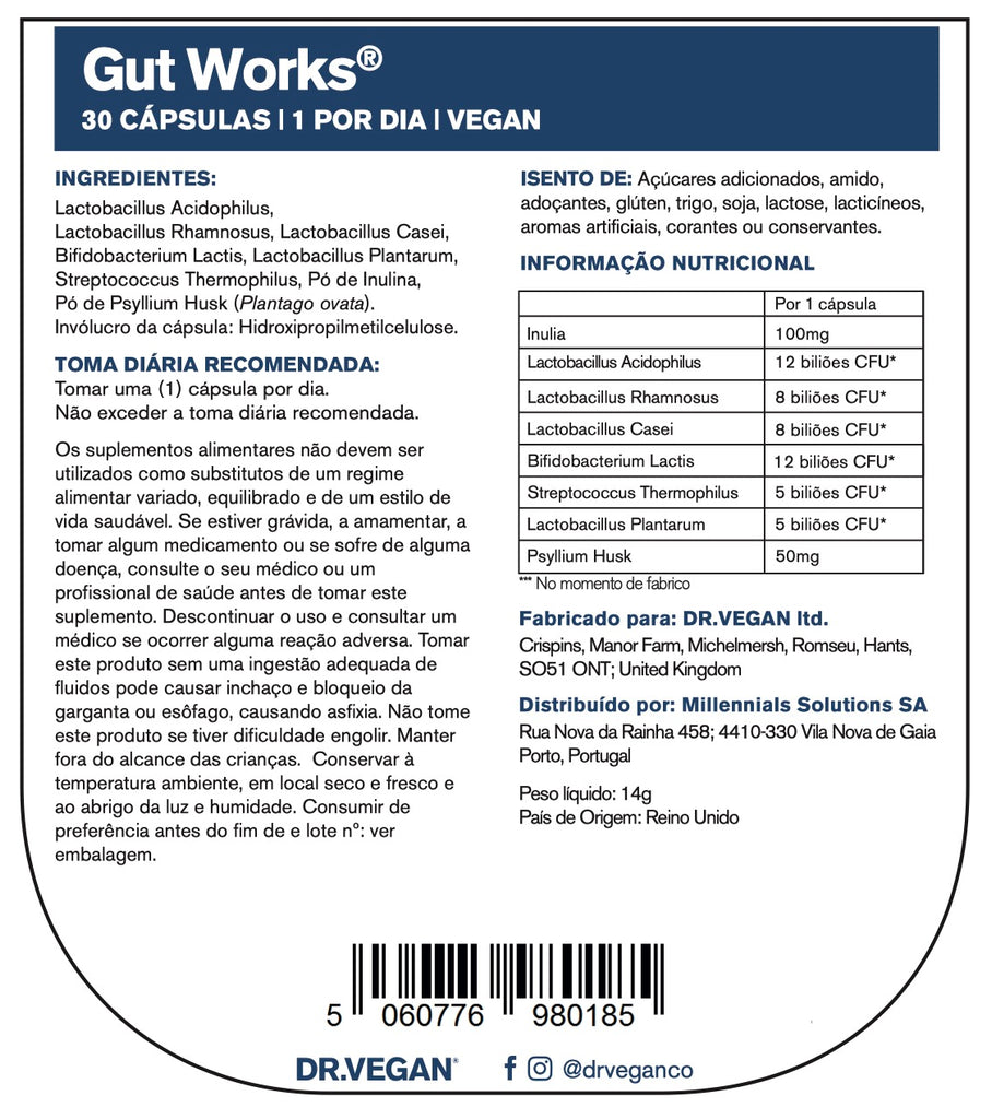 DR.VEGAN® Gut Works - Saúde Intestinal e Digestão x 30 cápsulas