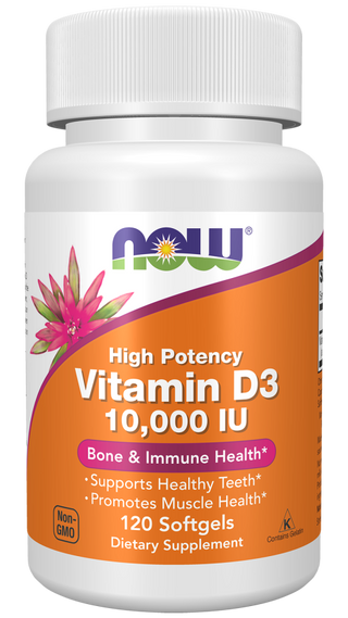 NOW Vitamin D3 10,000 IU x 120 Cápsulas Moles - Saúde Óssea e Imunidade