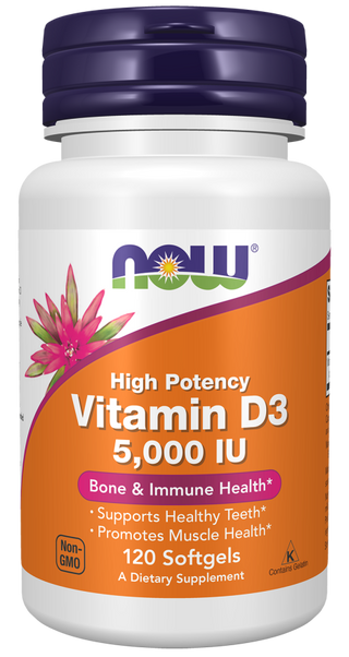 NOW Vitamin D3 5000 IU x 120 Cápsulas Moles - Saúde Óssea e Imunidade