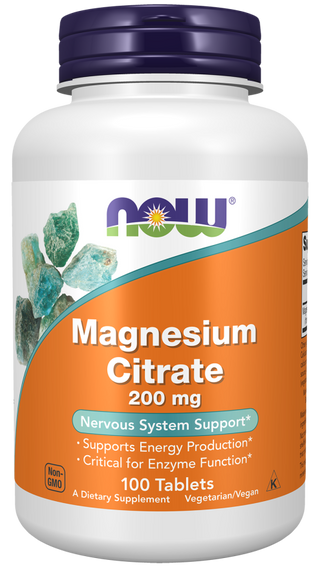 NOW Magnesium Citrate 200 mg x 100 Comprimidos - Função Muscular e Energia