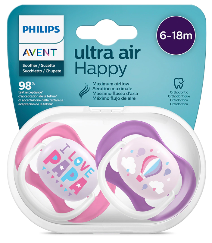 Philips Avent Chupetas Ultra Air Happy 6-18 meses Rosa x2